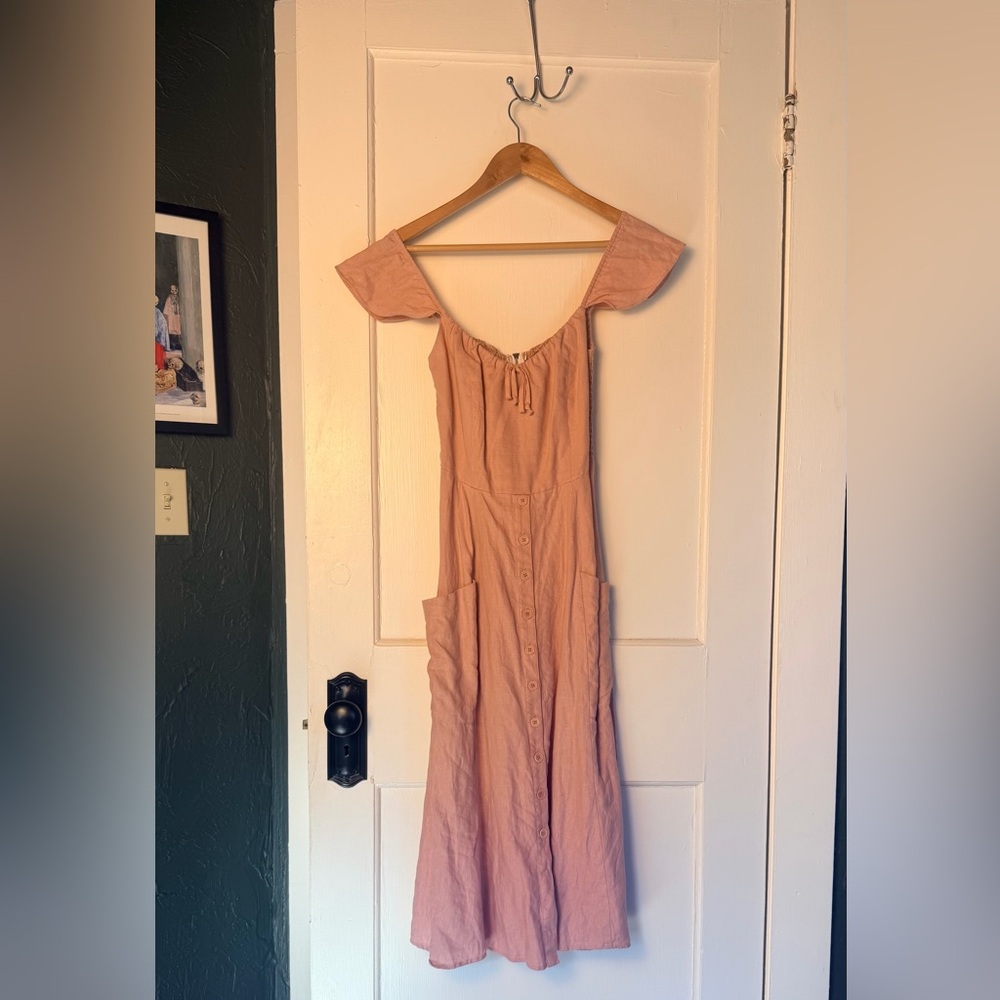 Reformation Linen Midi Dress | Size 4 | Peach | Button Front | Smocked Back